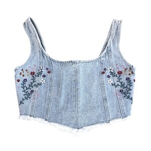 Banjara Denim Corset Crop Top Size S Floral Embroidered Frayed Hem Light Wash